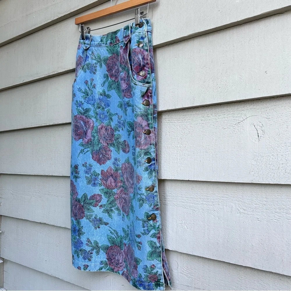 Vintage Floral Denim Skirt Side Buttons Midi Maxi 80s 90s Y2K Grunge Size XXS